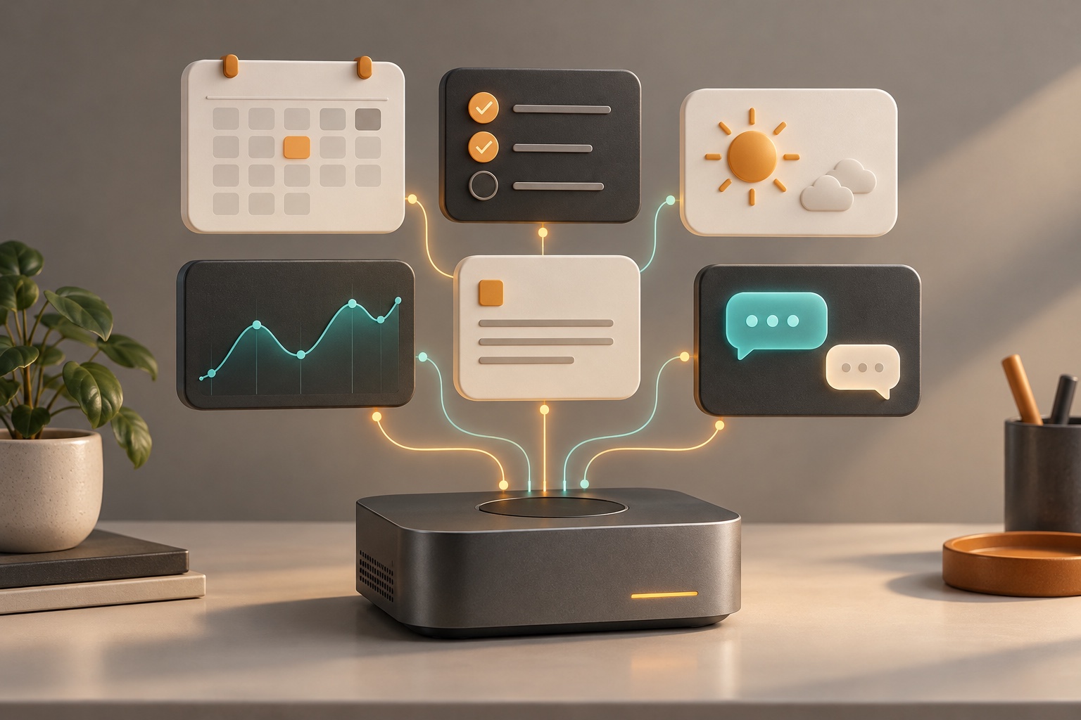 Concept illustration of a personal workspace with modular calendar, task, weather, chart, and AI conversation widgets